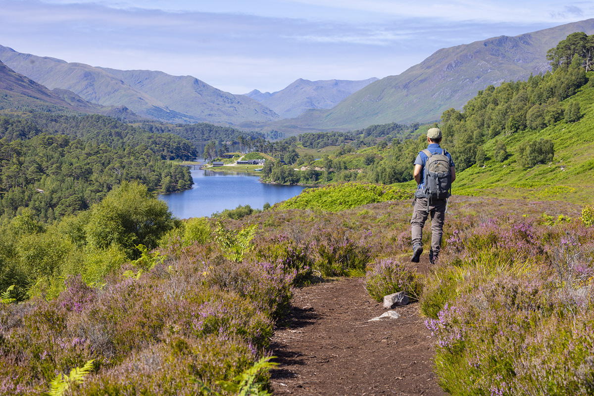 A man is walking on a path amongst overlooking loch Affric, in Glen Affric, a magical mix of native woods, glistening lochs and haunting moorland.