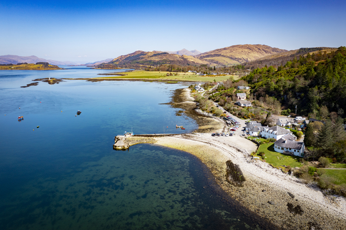 Aerial view of The Pierhouse Hotel in Port Appin