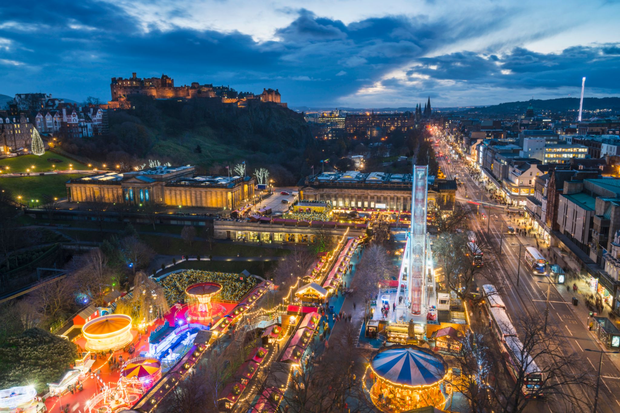 Edinburgh Castle and Edinburgh's Christmas Market from the Scott Monument.