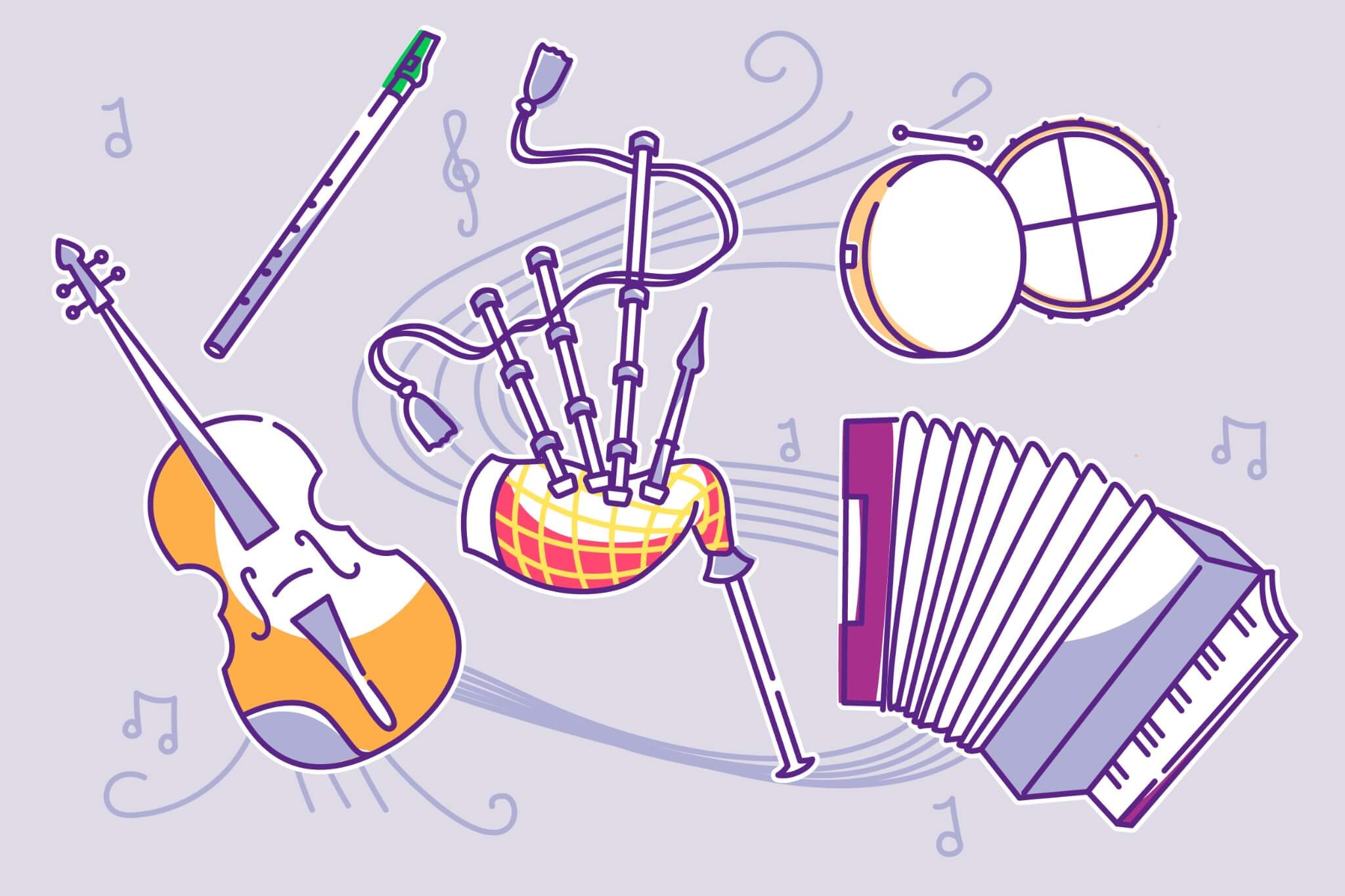Scottish musical instruments featuring the bagpipes, tin whistle, accordion, fiddle, clàrsach and Bodhran drum.