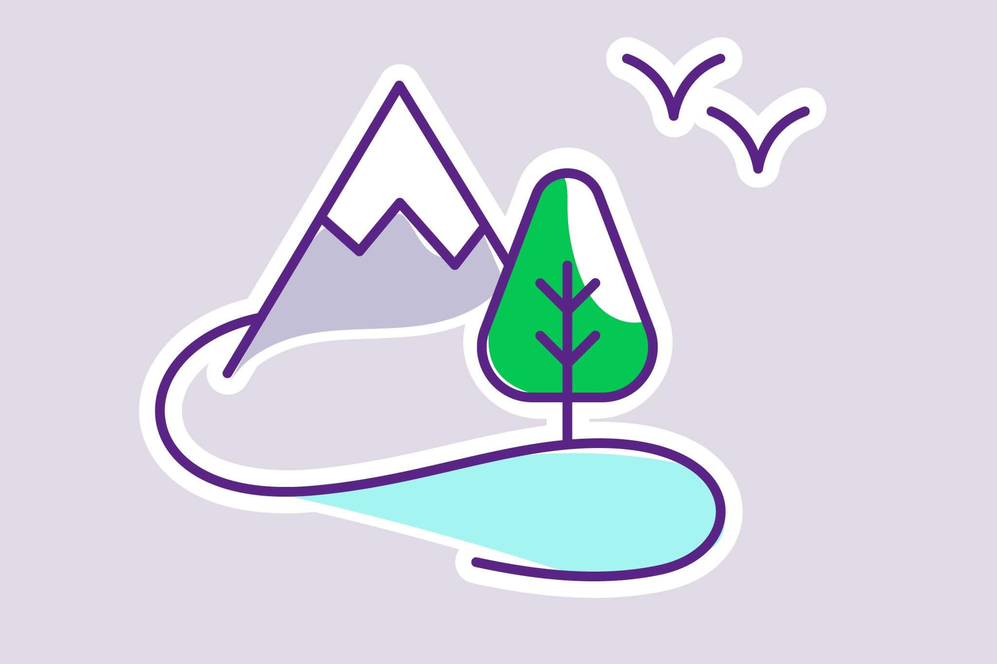 An illustration of the Scottish Highlands with a tree, mountain, birds and lake featured.