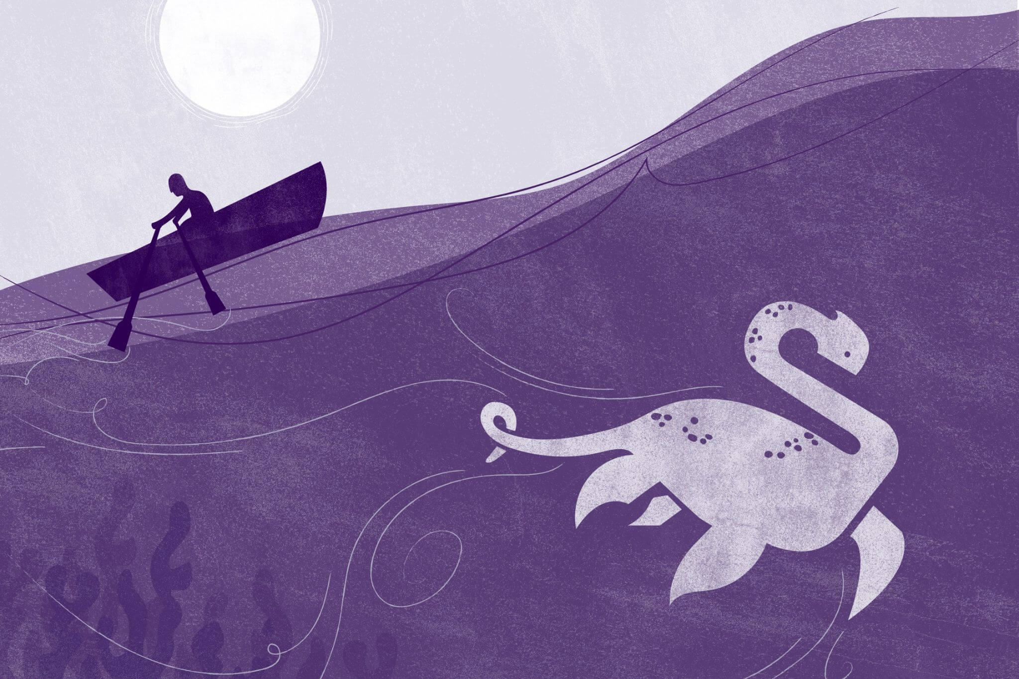 Morag, the monster of Loch Morar lurking in the deep Scottish waters with a man rowing his boat in the distance.