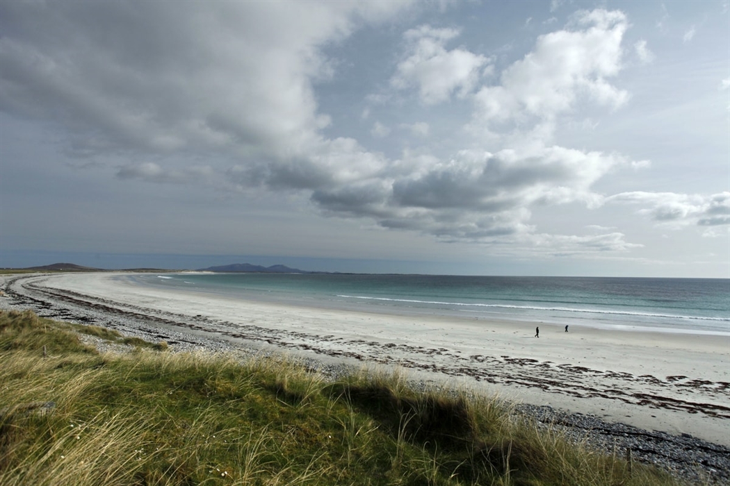 The wide white sands and turquoise water of Baleshare Beach